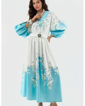 Rochie Maxi,  Floral, Poliester, Maneci Lungi, Alb/Albastru