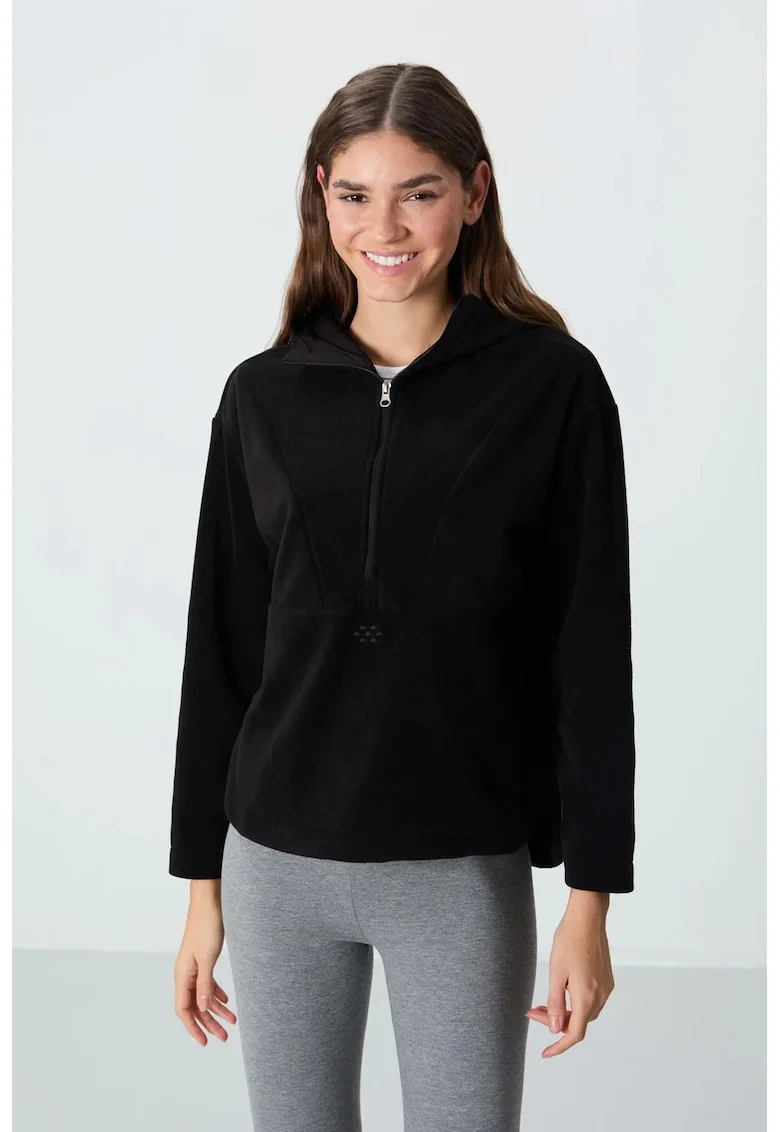 Hanorac dama,  oversized din fleece cu gluga si fermoar, Negru
