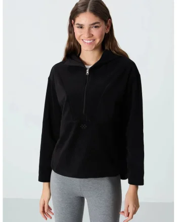 Hanorac dama,  oversized din fleece cu gluga si fermoar, Negru