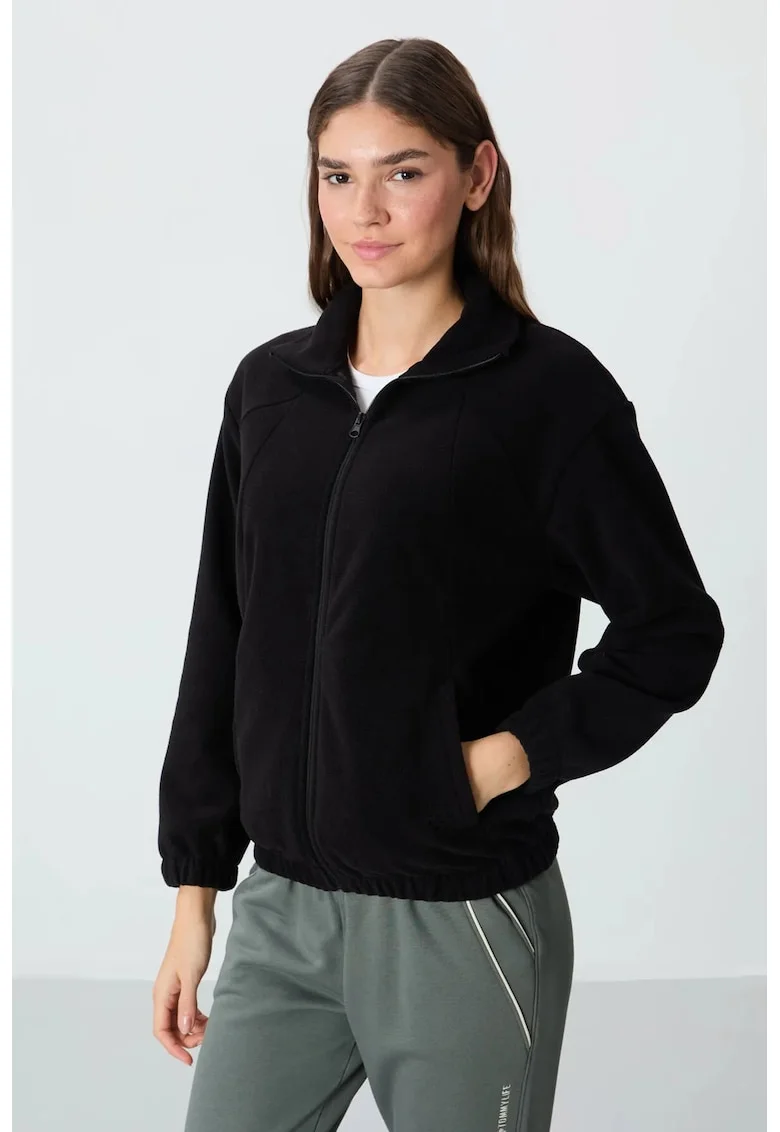 Hanorac dama,  Oversized, Cu jumatate de fermoar, Negru, Fleece