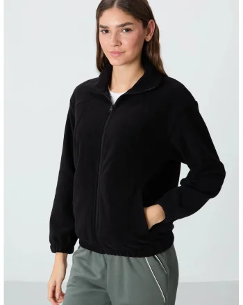 Hanorac dama,  Oversized, Cu jumatate de fermoar, Negru, Fleece