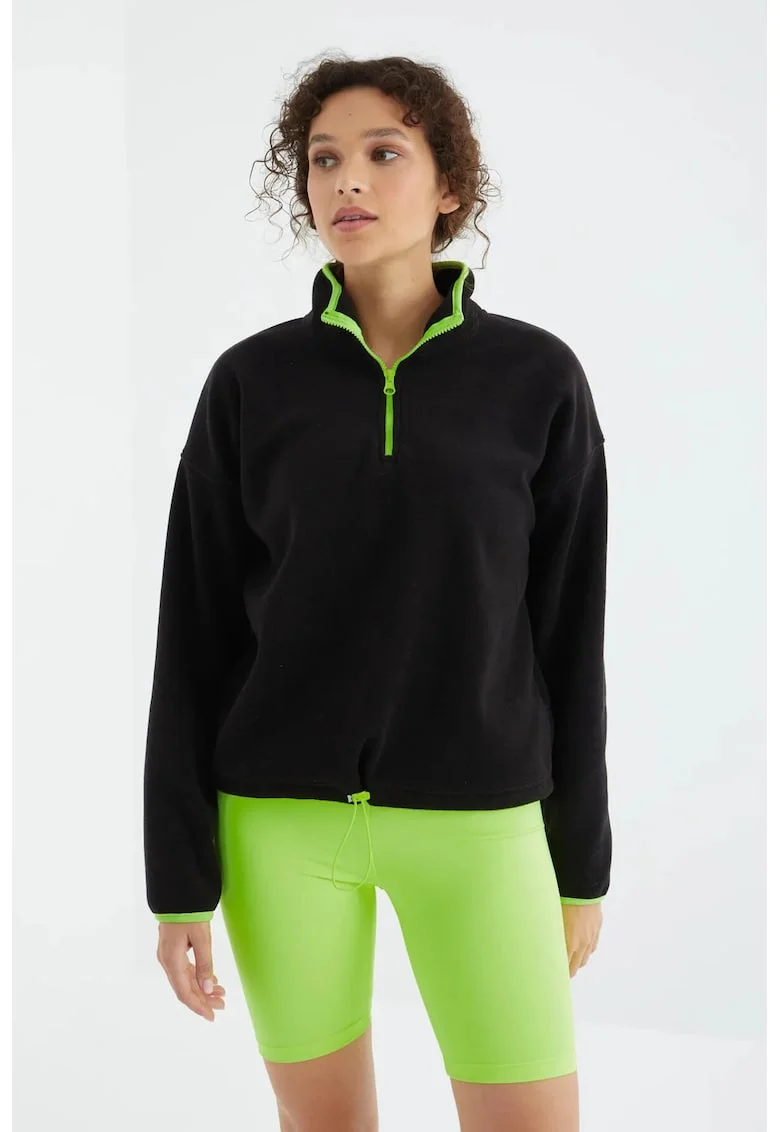 Hanorac  supradimensionat din plus, negru, fleece, fermoar, pentru femei