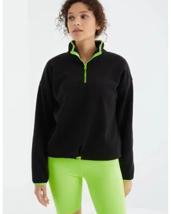 Hanorac  supradimensionat din plus, negru, fleece, fermoar, pentru femei