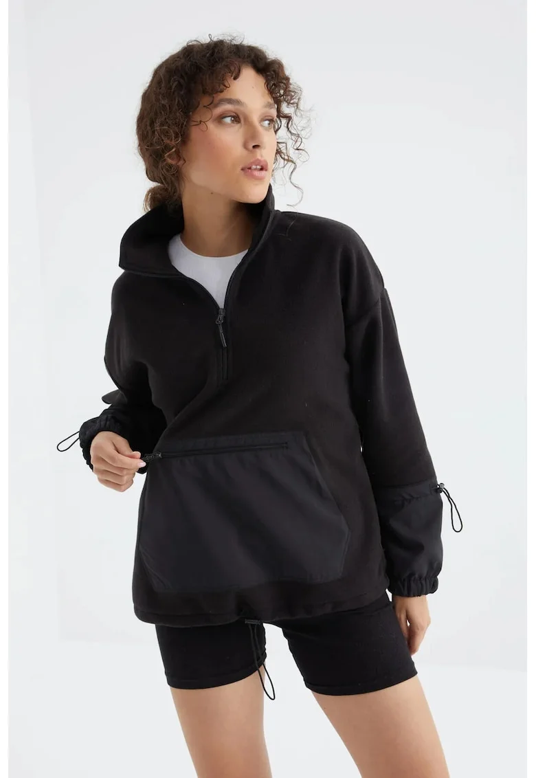 Hanorac dama,  oversized, negru, poliester, maneci lungi, fermoar