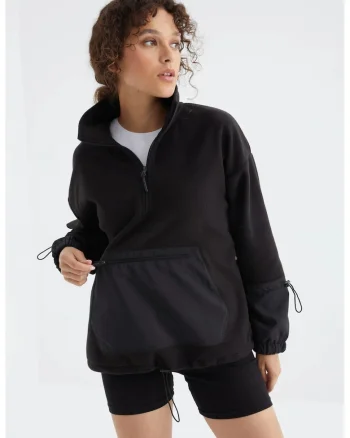 Hanorac dama,  oversized, negru, poliester, maneci lungi, fermoar