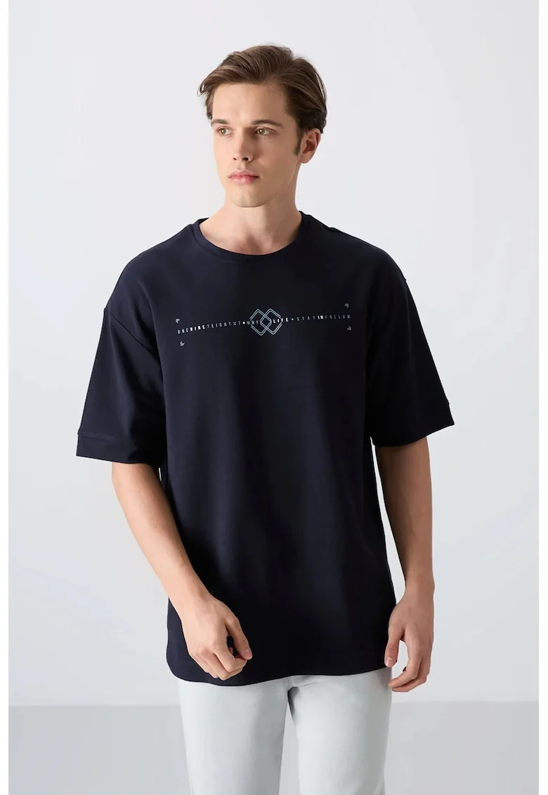 Tricou  supradimensionat, imprimeu spate, albastru marin, bumbac/poliester