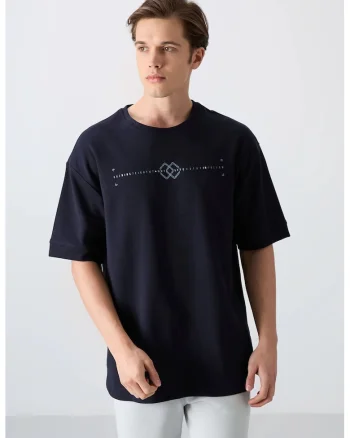 Tricou  supradimensionat, imprimeu spate, albastru marin, bumbac/poliester