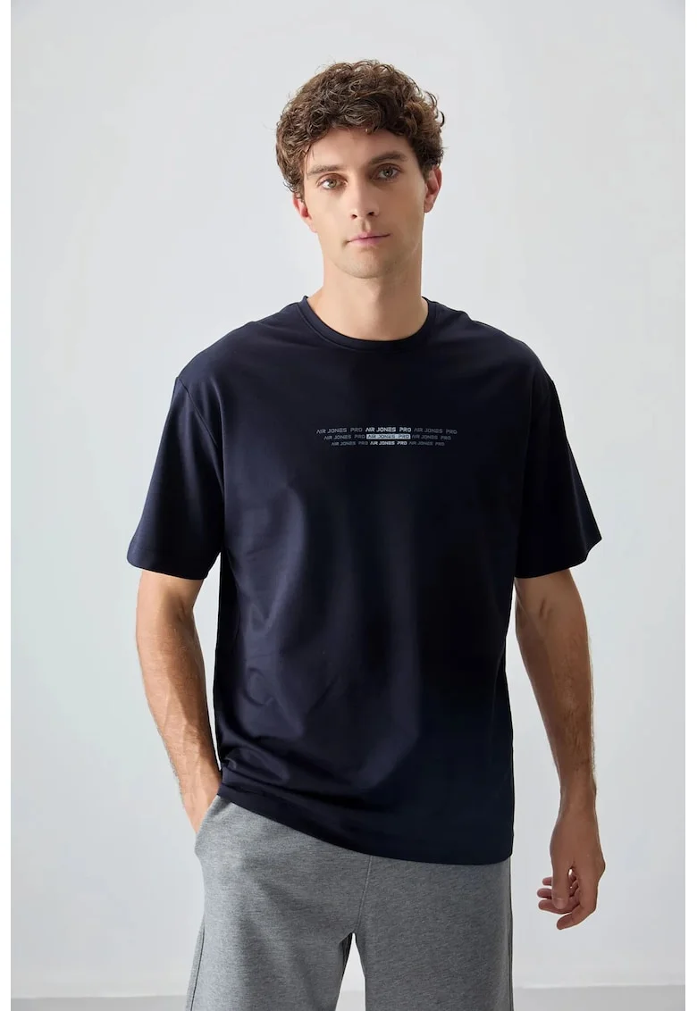 Tricou  supradimensionat cu guler rotund, imprimeu, albastru marin, barbati