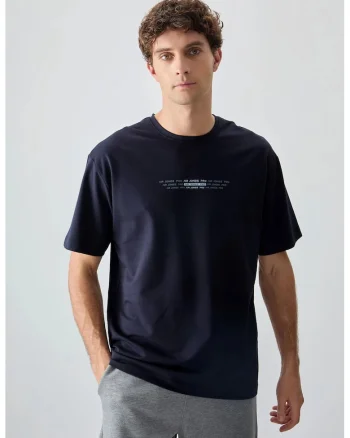 Tricou  supradimensionat cu guler rotund, imprimeu, albastru marin, barbati