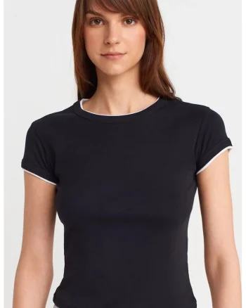 Tricou crop,  slim fit, negru, bumbac