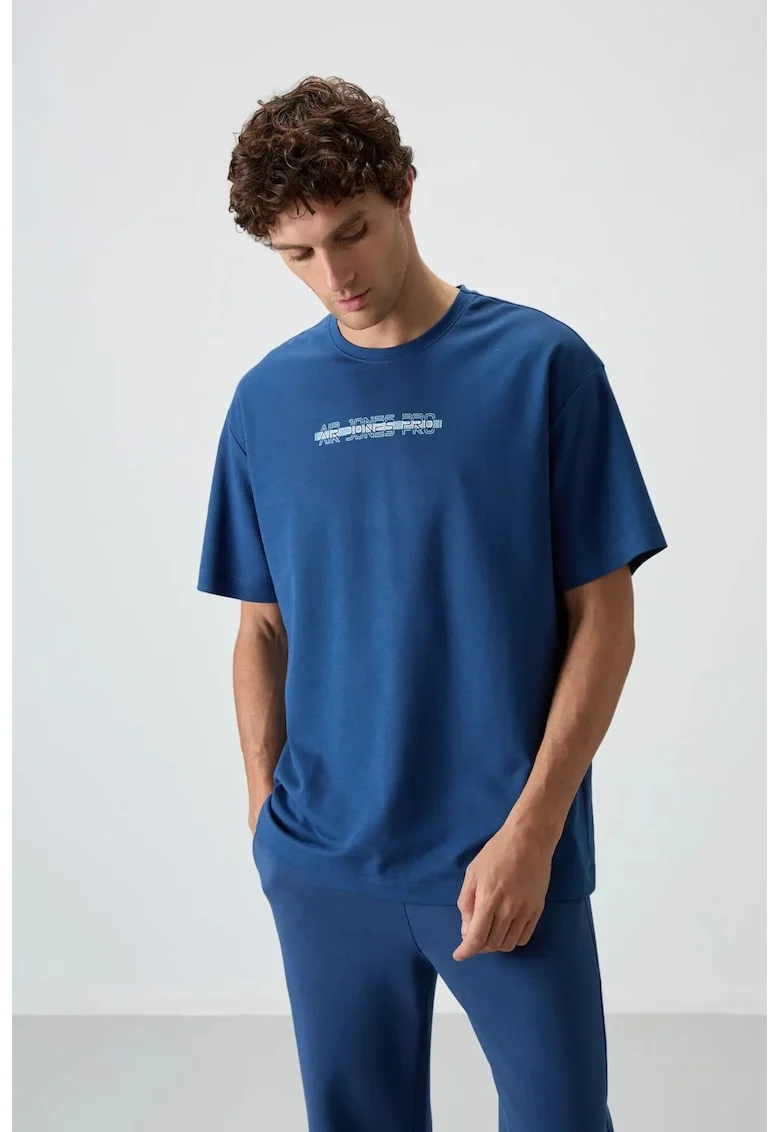 Tricou  supradimensionat, imprimeu spate, albastru Moroccan, 80% bumbac, 20% poliester