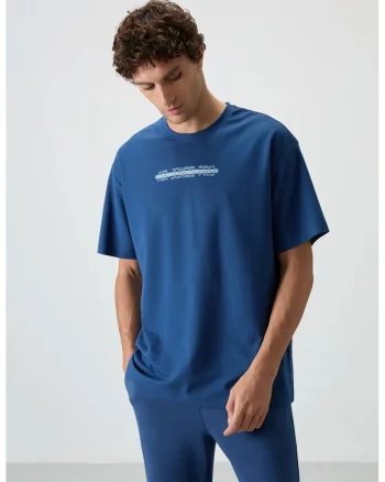 Tricou  supradimensionat, imprimeu spate, albastru Moroccan, 80% bumbac, 20% poliester
