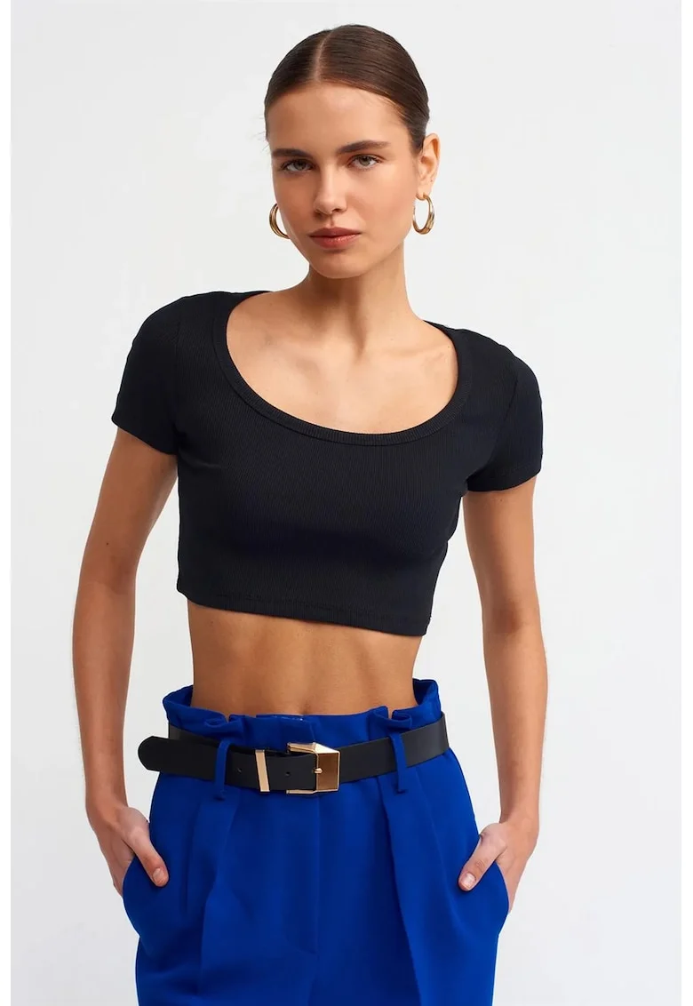 Tricou dama,  tricou scurt, slim fit, negru, bumbac elastan