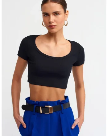 Tricou dama,  tricou scurt, slim fit, negru, bumbac elastan