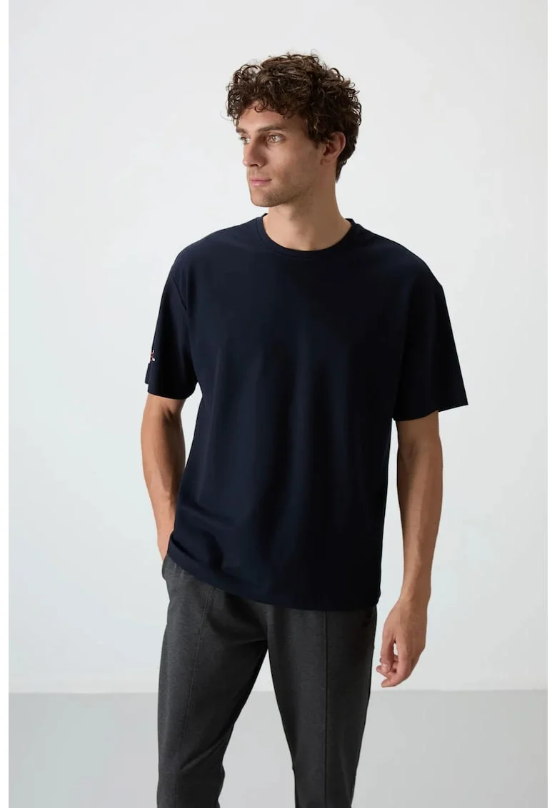 Tricou  supradimensionat, imprimeu spate, albastru marin, 80% bumbac, 20% poliester