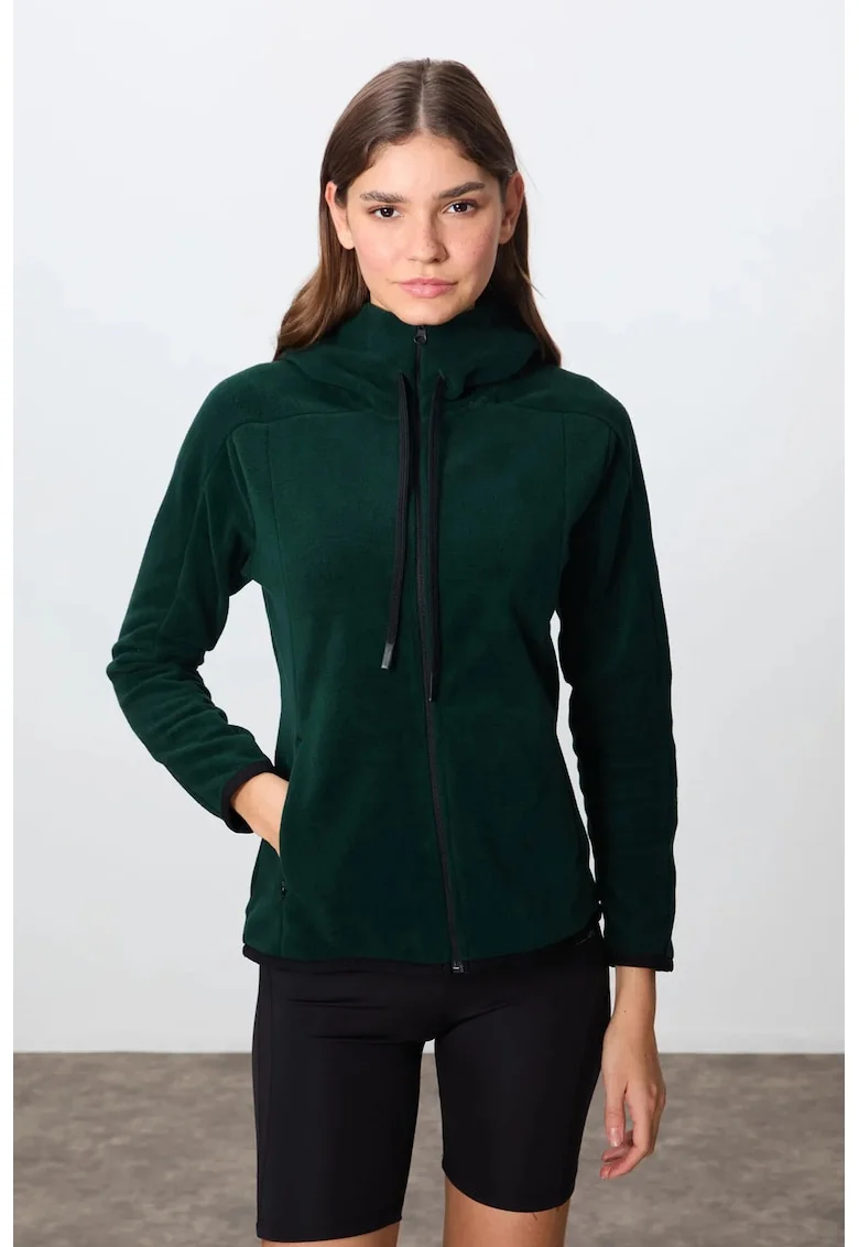 Hanorac cu gluga si fermoar,  din plus, verde padure, broderie, pentru femei