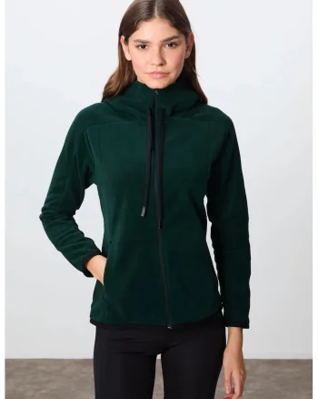 Hanorac cu gluga si fermoar,  din plus, verde padure, broderie, pentru femei