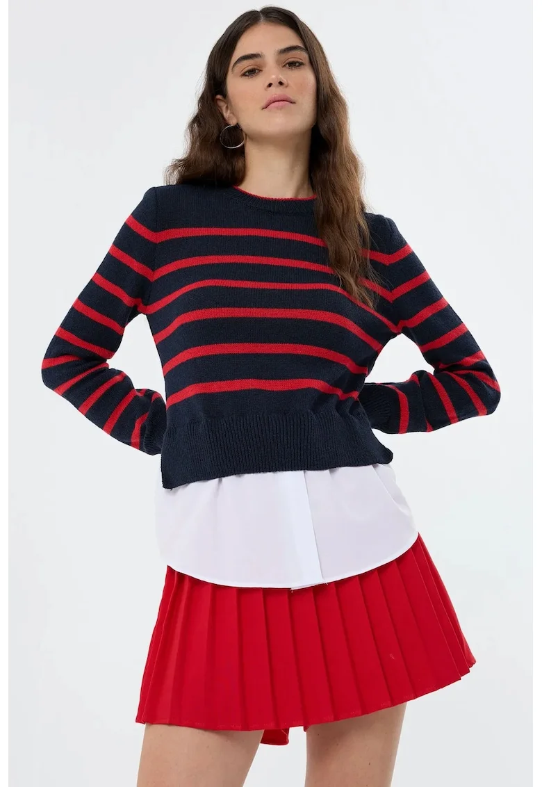 Pulover tricotat cu dungi,  albastru marin, 100% acrilic, maneca lunga