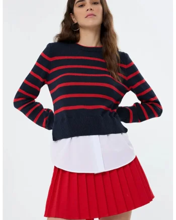 Pulover tricotat cu dungi,  albastru marin, 100% acrilic, maneca lunga