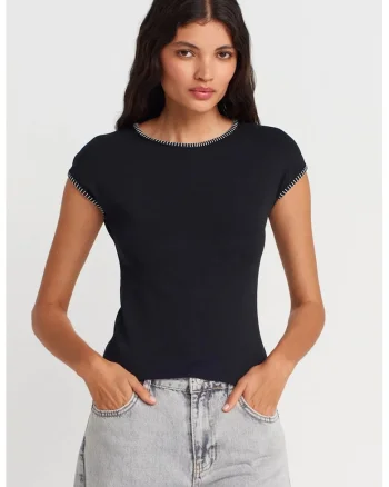 Tricou dama,  slim fit, negru, bumbac elastan