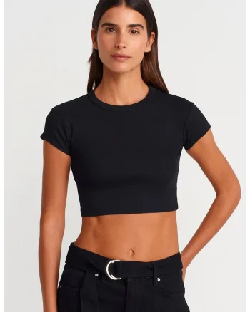 Tricou  pentru femei, slim fit, scurt, negru, 95% bumbac, 5% elastan
