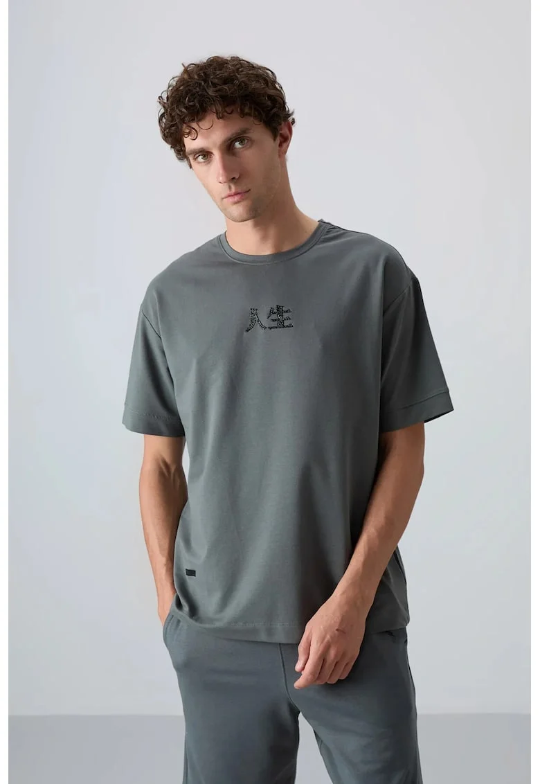 Tricou  supradimensionat cu guler rotund, broderie, gri antracit, pentru femei