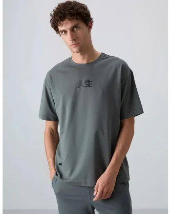 Tricou  supradimensionat cu guler rotund, broderie, gri antracit, pentru femei