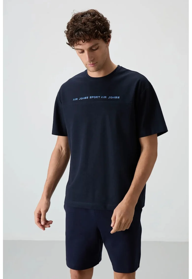 Tricou  supradimensionat, imprimeu, albastru marin, 80% bumbac, 20% poliester