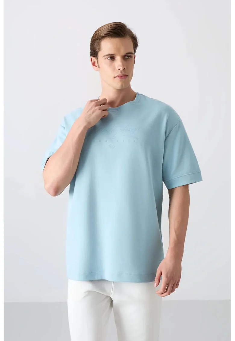 Tricou  supradimensionat, imprimeu, albastru deschis, bumbac 93%