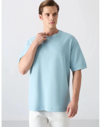 Tricou  supradimensionat, imprimeu, albastru deschis, bumbac 93%