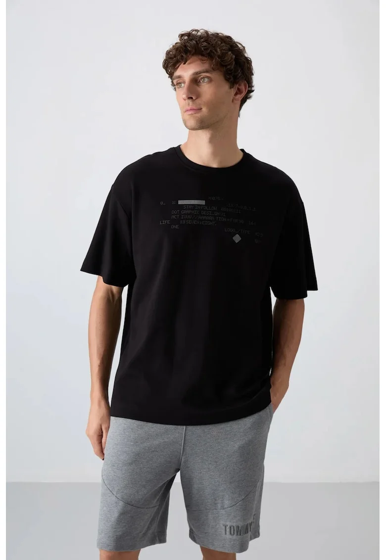 Tricou  supradimensionat cu guler rotund, imprimeu, negru bumbac 93%