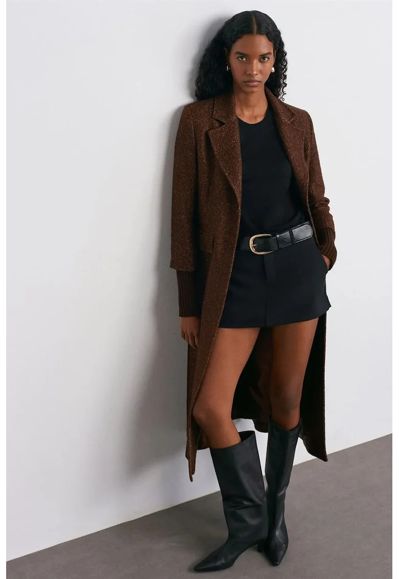 Palton lung  casual, buzunar, maro cafea, tweed