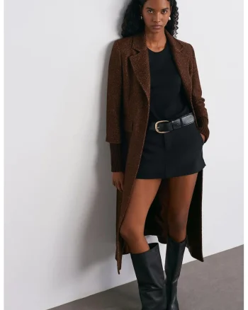 Palton lung  casual, buzunar, maro cafea, tweed