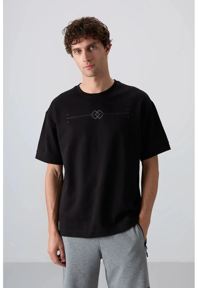 Tricou  supradimensionat cu guler rotund, imprimeu, negru, bumbac/poliester