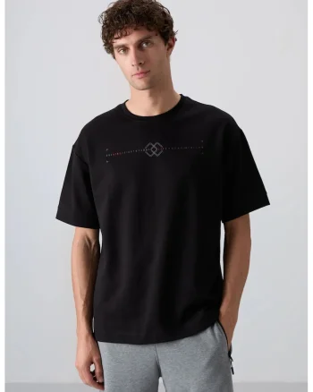 Tricou  supradimensionat cu guler rotund, imprimeu, negru, bumbac/poliester