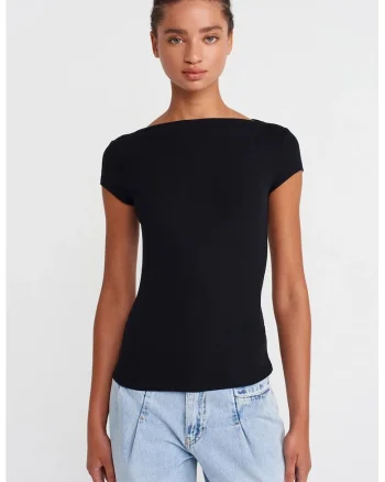 Tricou dama,  tricou cu guler barcuta, slim fit, negru, 94% viscoza, 6% elastan
