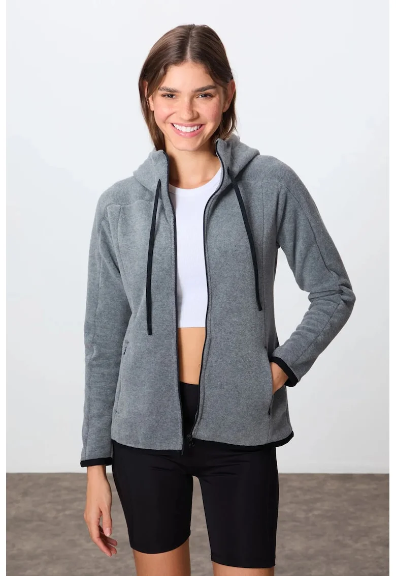 Hanorac cu gluga  gri, fleece, broderie, pentru femei