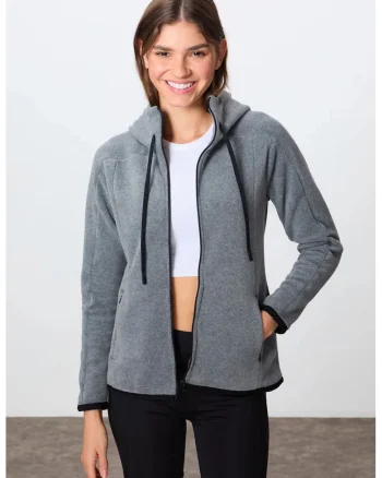 Hanorac cu gluga  gri, fleece, broderie, pentru femei
