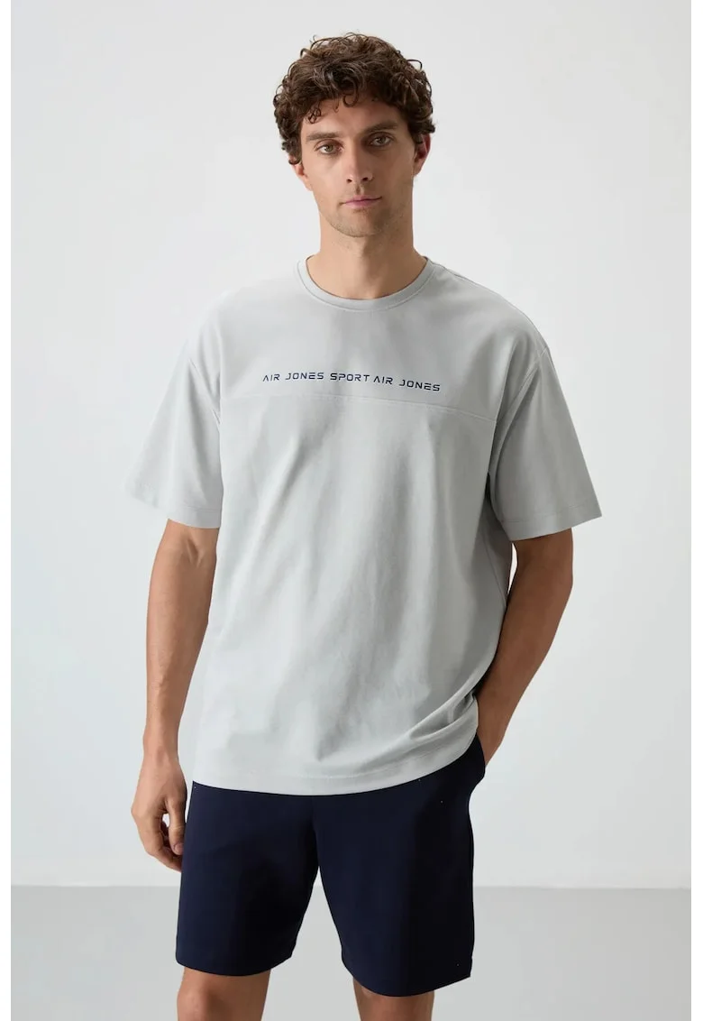 Tricou  supradimensionat, gri deschis, bumbac/poliester, broderie