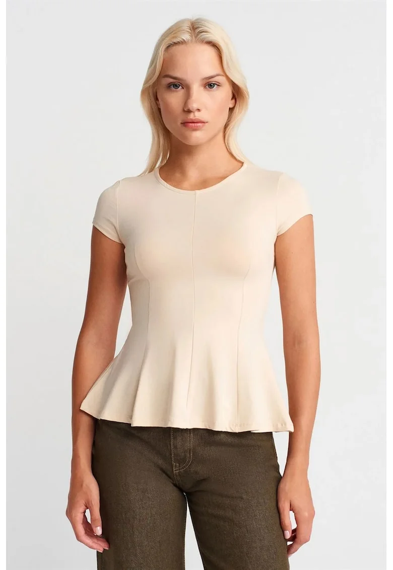 Tricouri dama,  Tricou cu volane, crem, slim fit
