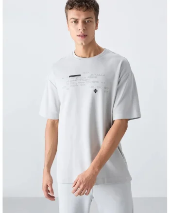 Tricou  supradimensionat, gri deschis, bumbac si poliester, imprimeu pe spate