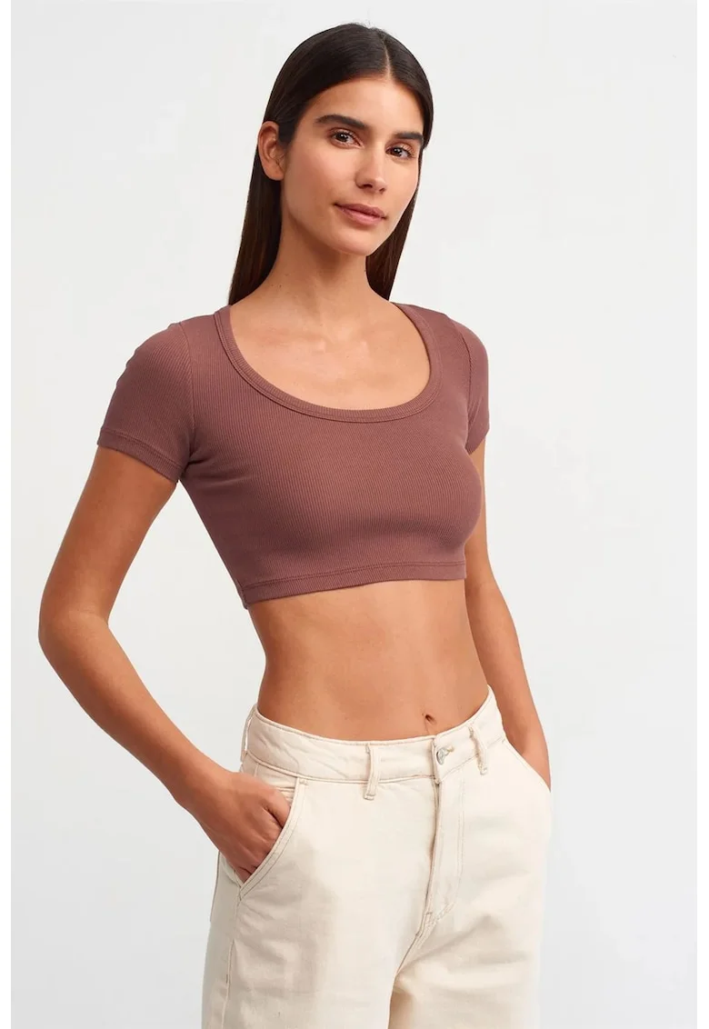 Tricou dama  scurt, slim fit, mov ametist, bumbac elastan