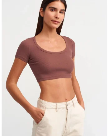 Tricou dama  scurt, slim fit, mov ametist, bumbac elastan