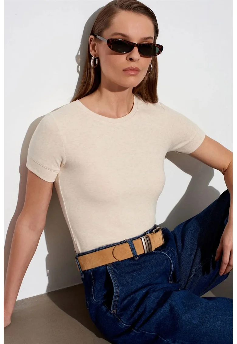 Tricouri dama,  tricou cu guler rotund, slim fit, Oatmeal Natural, 57% bumbac, 38% modal, 5% elastan