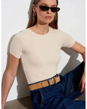Tricouri dama,  tricou cu guler rotund, slim fit, Oatmeal Natural, 57% bumbac, 38% modal, 5% elastan