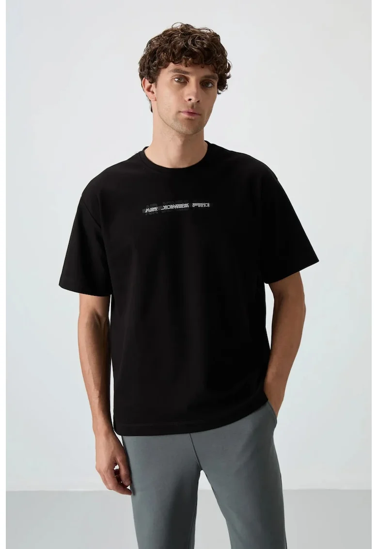 Tricou  supradimensionat, imprimeu pe spate, negru, bumbac si poliester