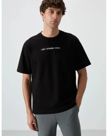 Tricou  supradimensionat, imprimeu pe spate, negru, bumbac si poliester