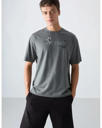 Tricou  supradimensionat, imprimeu spate, gri antracit, barbati