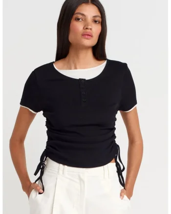Tricou  dama, bumbac, slim fit, detalii cu snur, negru