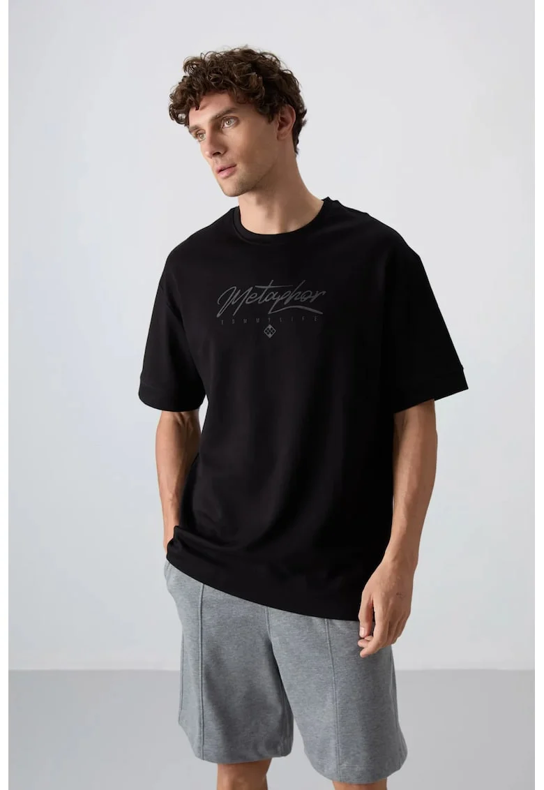 Tricou  supradimensionat cu guler rotund, imprimeu, negru, bumbac 93%